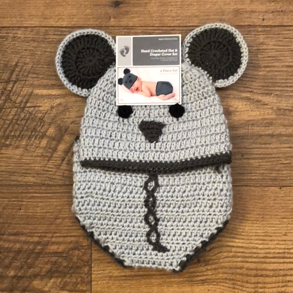 Baby Crochet Hat and Diaper Cover Set - Mouse 0-9 Months Newborn Photos